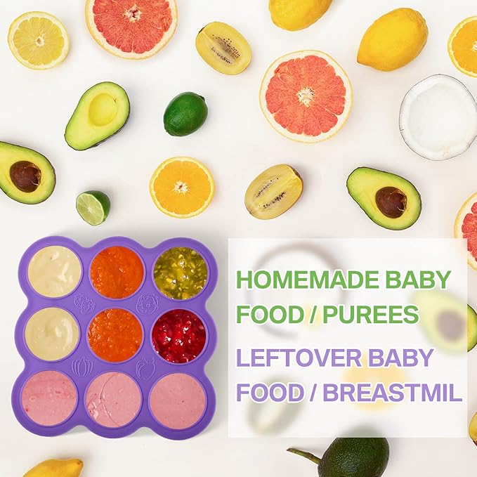 CHENGU 4 Pack Baby Food Storage Containers 9 Cup Silicone Baby Food Freezer Tray with Lid Stackable Reusable Freezer Storage Tray for Ice Breast Milk Homemade Food Vegetable (Blue, Purple, Green)