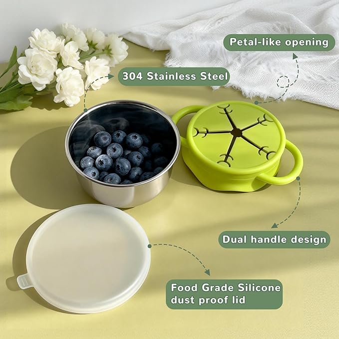 Snack Containers,2 Pcs 13.5oz Stainless Steel Snack Cups for Toddlers and Babies, Removable Silicone Food Catcher and Travel Lid,No-Spill Toddler Snack Box,Dishwasher Safe