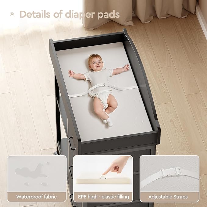 YeTom Changing Table Dresser, Baby Dresser with 3 Fabric Drawers and 2 Shelves, Multi-Functional Baby Changing Table with Pad, Classic Nursery Dresser, Diaper Changing Station for Nursery, Black