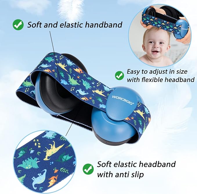 Infant Ear Protection Noise Cancelling Baby Ear Muffs, Toddler Hearing Protection with Adjustable Elastic Headband (Dinosaur,Blue