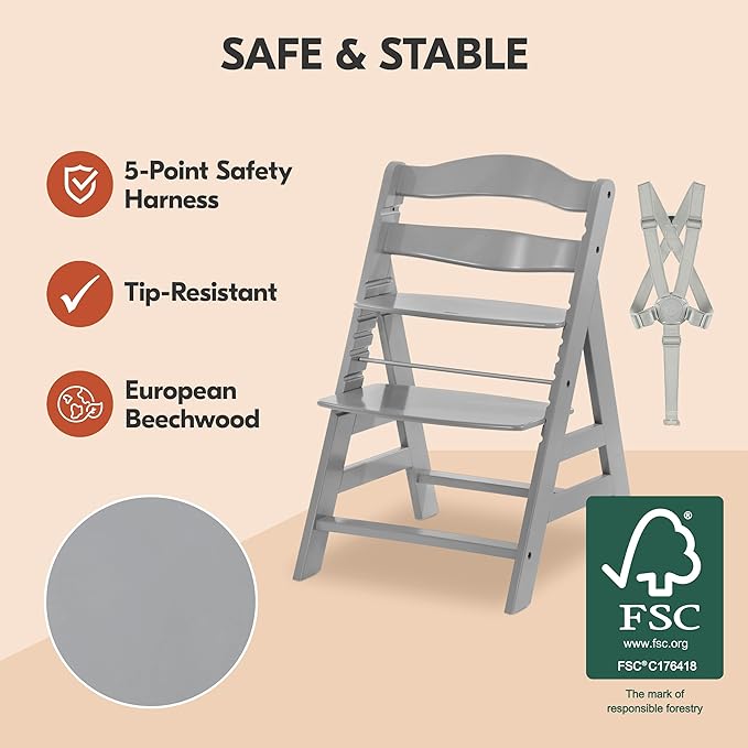 hauck Adjustable Wooden High Chair for Babies and Toddlers - Includes Baby Insert, Tray & Safety Harness - Grows with Child up to 198 lbs - Gray