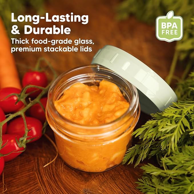 KeaBabies 12-Pack Baby Food Glass Containers and 2-Pack Silicone Bibs - 4 oz Leak-Proof, Microwavable, Baby Food Storage Containers - Waterproof, Easy Wipe Bibs for Babies, Toddlers