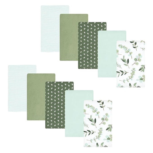 Hudson Baby Unisex Baby Cotton Flannel Burp Cloths, Eucalyptus 10-Pack, One Size