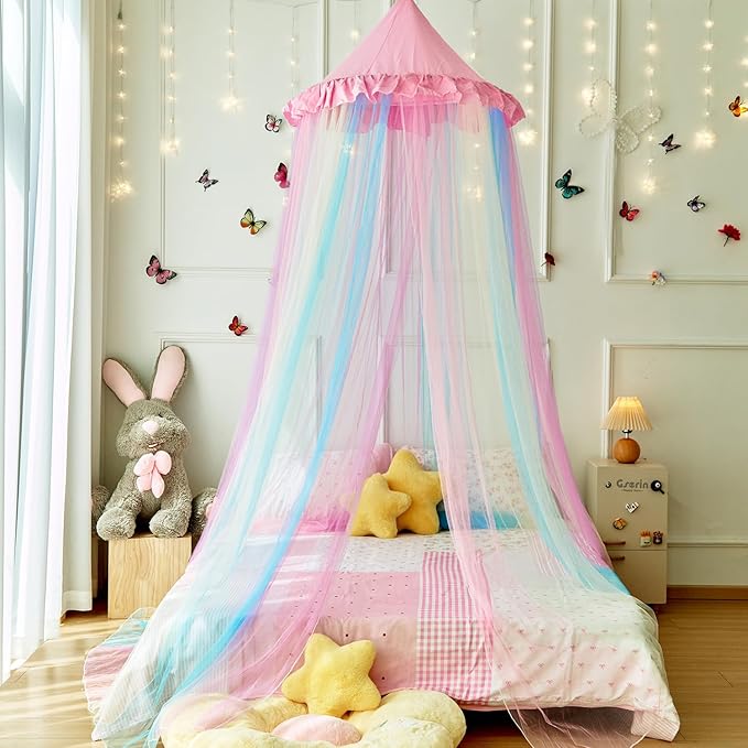 Pink Rainbow Bed Canopy Twin Size Breathable Canopy Bed Curtain for Bed,Princess Play Tent for Girls Bedroom Decoration Reading Nook