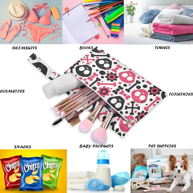 visesunny Pink Skull Black 2Pcs Wet Bag with Zippered Pockets Washable Reusable Roomy for Travel,Beach,Pool,Daycare,Stroller,Diapers,Dirty Gym Clothes, Wet Swimsuits, Toiletries
