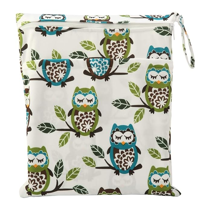 2 Wet Bags Reusable Diaper Nappy Waterproof With Two Zippered Pockets (Owl and Foliage)
