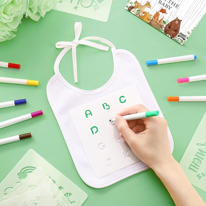 Panitay 100 Pcs DIY Baby Bibs Decorating Kit 50 White Bibs 25 Stencils 24 Markers 1 Baby Shower Game Sign