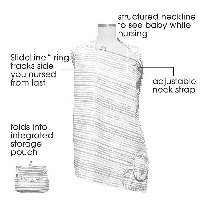 Boppy Nursing Cover for Breastfeeding, Gray Watercolor Stripes, Apron Style with Storage Pocket, Rigid Neckline to See Baby While Feeding, and Breastfeeding or Pumping