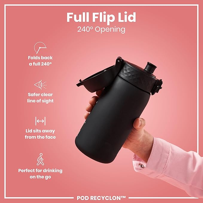 Ion8 Small Water Bottle, 350 ml/12 oz, Leak Proof, Easy to Open, Secure Lock, Dishwasher Safe, BPA Free, Carry Handle, Hygienic Flip Cover, Easy Clean, Odor Free, Carbon Neutral, Black