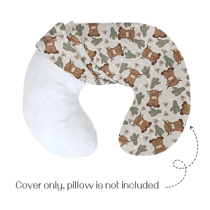 HawSkgFub Highland Cow Boho Cactus Nursing Pillow Cover for Baby Boys, Western Cowboy Desert Plant Breastfeeding Pillow Slipcover, Highlander Themed Cattle Pillowcase for Newborn Infant Cover Only