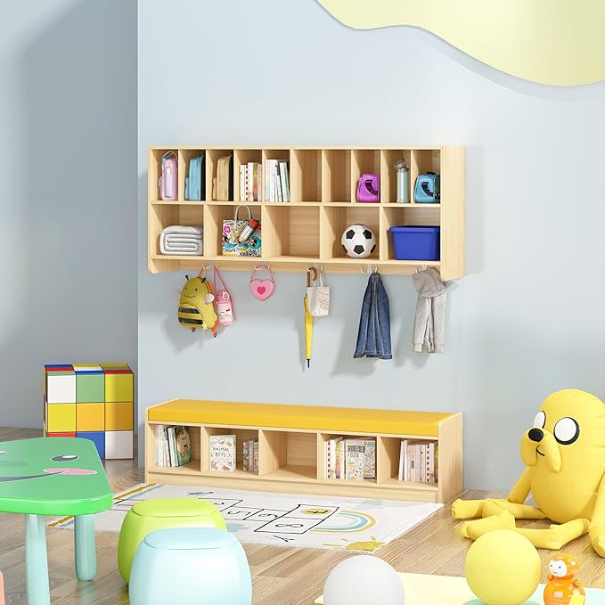 Kikihouse Wall Diaper Organizer for Daycares with Cubby Bench, Wooden Diaper Shelf with 5 Cubbies and 10 Small Storage, Daycare Cubbies for Nursery, Home, School