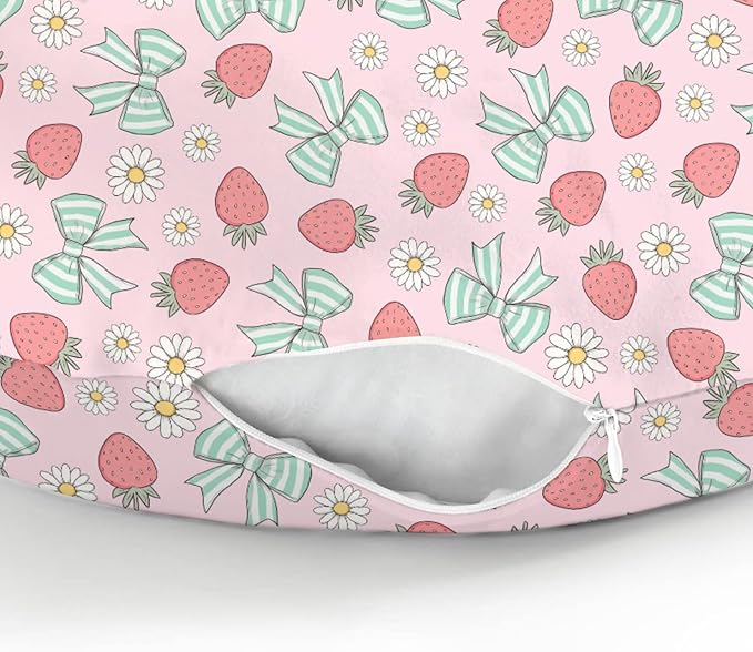 Pink Strawberry Green Bows Daisy Baby Nursing Pillow Covers for Boy Girl Strawberries Bows Nursing Slipcovers for Breastfeeding Pillows Cute Summer Fruit Soft Stretchy Cover for Newborn Infant