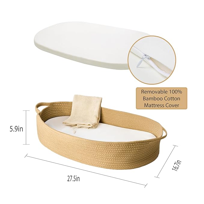ECOADE Baby Changing Basket - Moses Basket Changing Table Topper and Thick Foam Pad with Removable Cotton Mattress Cover, 100% Cotton Boho Nursery Decor with Storage Bag