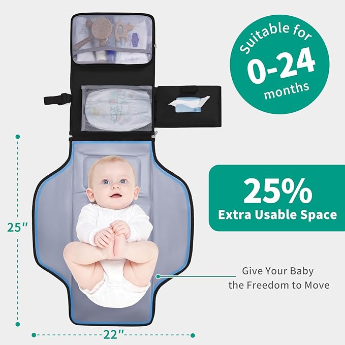 CEICEI Portable Diaper Changing Pad Waterproof Travel Baby Changing Mat with Large Wet/Dry Pocket & Elastic Wipes Pockets, Foldable Compact for On-The-Go Diaper Changer (Black)