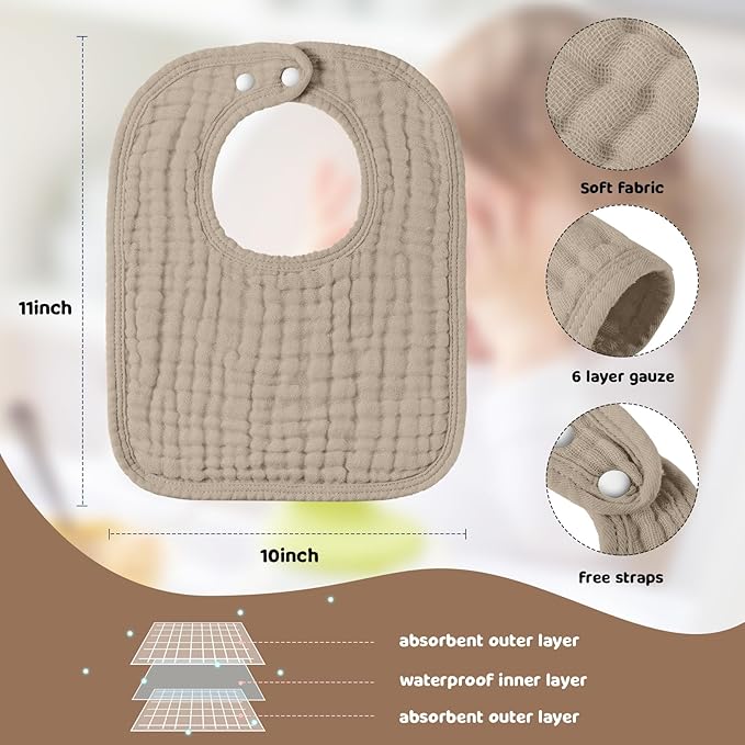 Tallew 8 Pack Muslin Burp Cloths and Baby Bibs for Boy Girl 20" x 10" Cotton Baby Bandana Drool Bibs Muslin Burp Cloths Absorbent Rag for Newborn Toddler Infant Gifts(Brown Series)