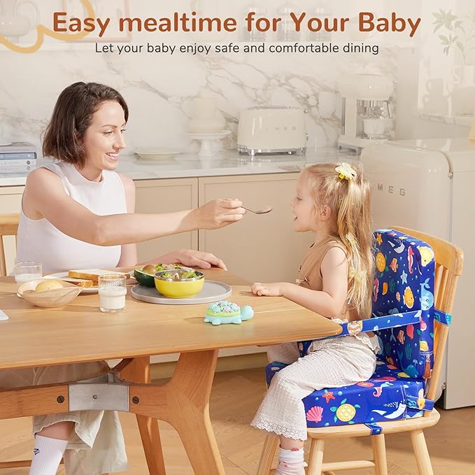 Toddler Booster Seat for Kitchen Chair, Non-Slip Bottom Dining Table Booster Seat with Backrest and Adjustable Straps, Portable Eating Travel Increasing Cushion
