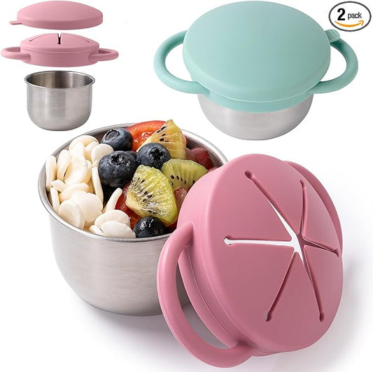 Bufilea 2 Pack Snack Containers for Toddlers, Stainless Steel Toddler Snack Cups with Silicone Food Catcher & Lids,Snack Cups for toddlers Spill Proof