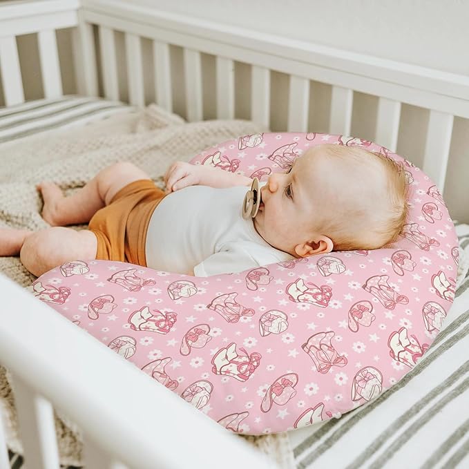 Pink Floral Bows Cowgirl Boots Hat Baby Nursing Pillow Covers for Girl Boho Western Cowgirls Stars Nursery Slipcover for Breastfeeding Pillows Country Soft Stretchy Removable Cover for Newborn Infant