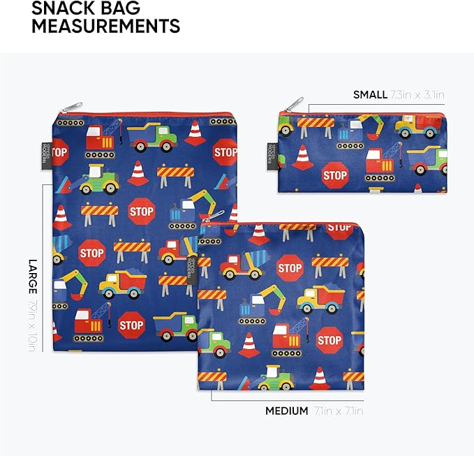 Simple Modern Reusable Snack Bags for Kids, Boys | Food Safe, BPA Free, Phthalate Free, Polyester Zip Pouches | Washable & Refillable Sandwich Bag | Ellie Collection | 3 pack | Under Construction