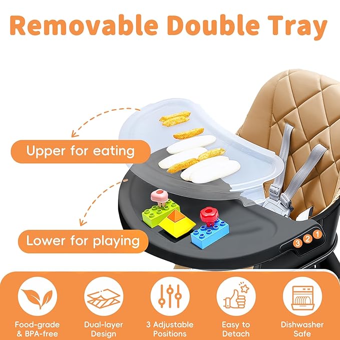 Babyliebe Baby High Chair, 8 in 1 Convertible Wooden High Chair for Babies and Toddlers, Converts to Booster Seat, Toddler Chair & Stool, with Removable Double Tray, Adjustable Legs & Footrest (Brown)