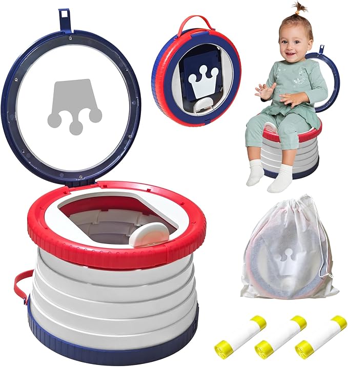 Portable Potty Chair for Toddlers with Splash-Proof Design, Foldable Travel Potty with Bag & 30 Refills - Kids Toilet for Car, Camping, Indoor - Easy Clean Baby Potty Training Seat(Red-blue)