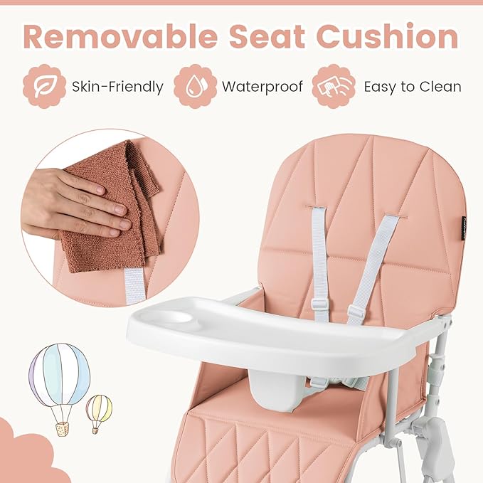 HONEY JOY High Chair, Foldable Baby Feeding Chair, Adjustable Tray & Footrest, Removable Easy-to-Clean PU Seat Cushion, 5-Point Harness, Cup Holder, Highchairs for Babies and Toddlers (Pink)