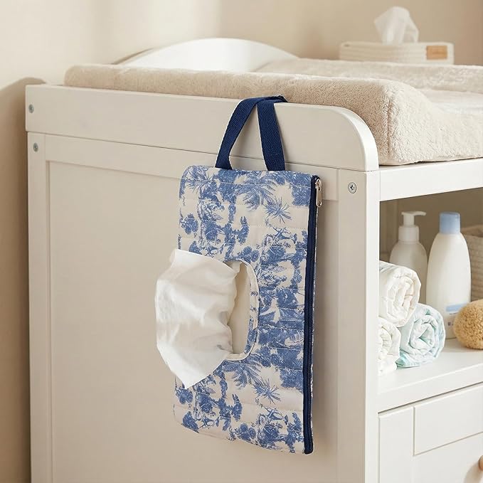 Quilted Baby Wipe Holder, Canvas Floral Quilted Pouch with Hanging Strap, Portable Diaper Wipe Holder for Travel Stroller-Grand Classical Blue