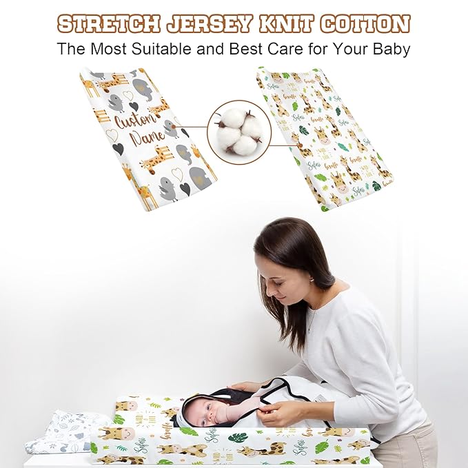 Custom Name Changing Pad Cover - 2 Piece Customizable Giraffe Changing Pad Cover - Cotton Toddler Baby Pee Pad Cover for Diaper Changing Table Nursery Protector