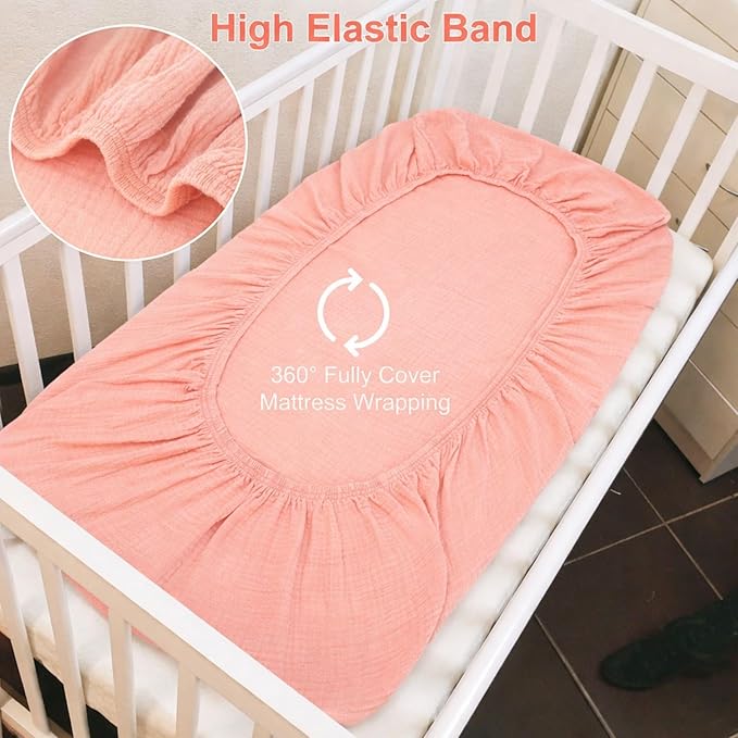 2 Pack Blush Muslin Crib Sheets for Boys & Girl- Neutral Breathable Cotton Crib Mattress Sheets Fitted for Standard 28"x 52"- Nursery Décor No Slip Crib Bed Sheets