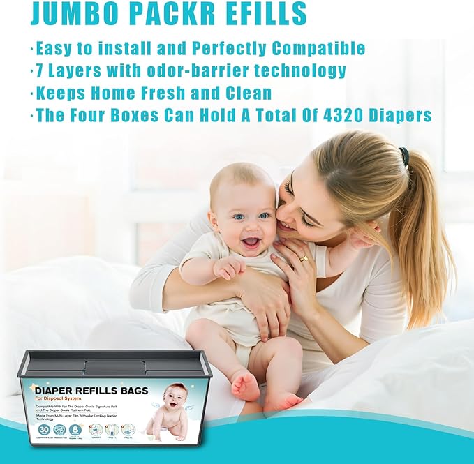 120 Bags Diaper Pail Refills Bags Compatible with Genie Easy Roll Signature and Platinum Diaper Pails | 7-Layer,Odor Barrier Technology| Holds Up to 5640 Newborn Diapers, 4Pack