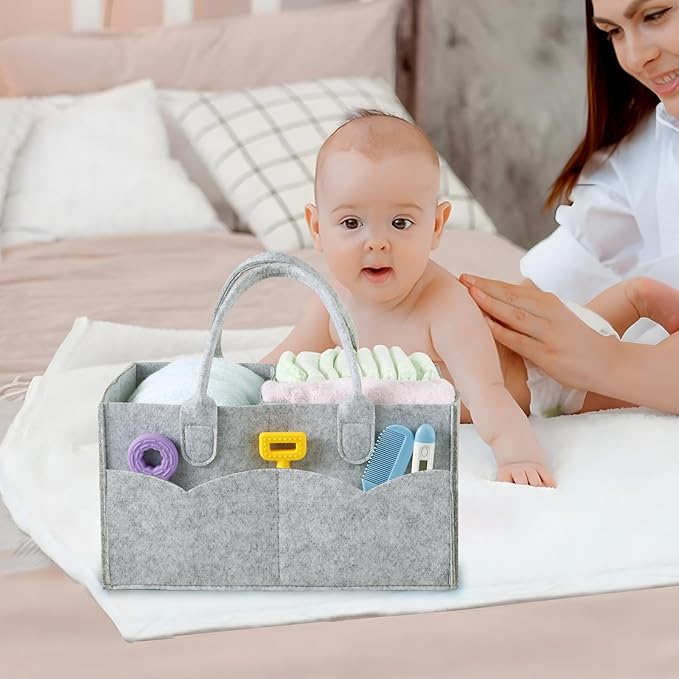 PandaEar 2 Pack Baby Diaper Caddy Organizer, Portable Diaper Holder Nursery Storage Basket for Wipes & baby stuff, Collapsible Baby Organizers with Divided Design (Grey/Brown)