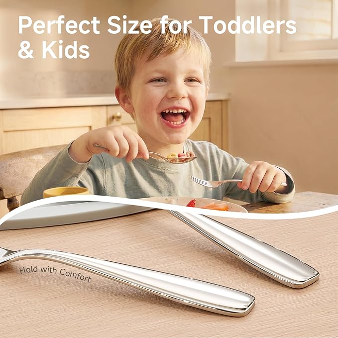 KINGSTONE Toddler Utensils Set with Case, 18/10 Stainless Steel Kids Silverware - Children Safe Small Fork & Spoon, Food-Grade Toddler Dishes, Mirror Polished, Dishwasher Safe