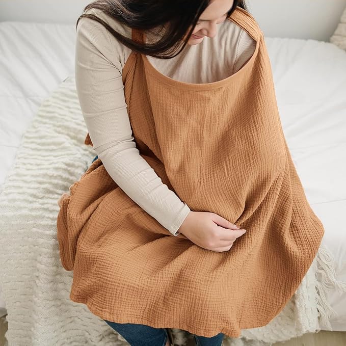 Cinaci 2 Pack Pure Cotton Muslin Lightweight Breathable Breastfeeding Nursing Cover Blankets with Adjustable Metal Clasp (Camel+Khaki)