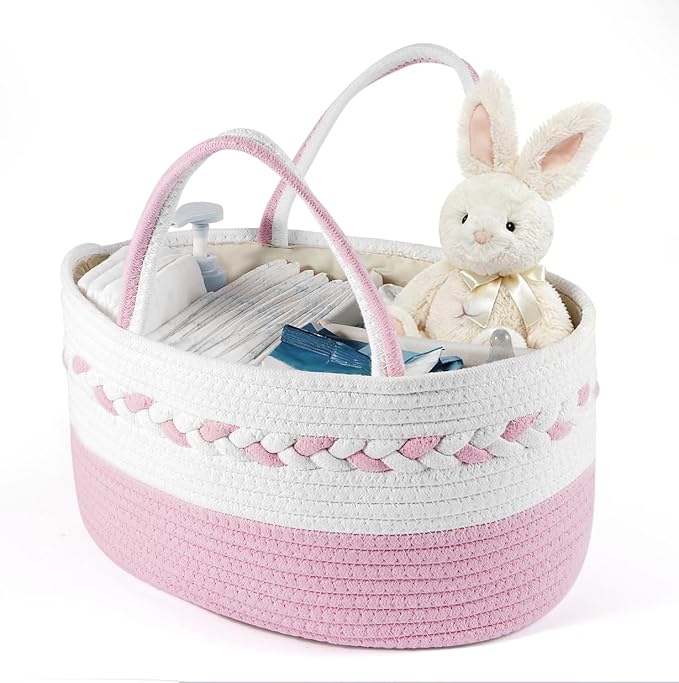 Diaper caddy Organizer, Cotton Rope Gift Basket with Removable Divider, Nursery Storage Organizer for Baby Essentials, Changing Table Diaper Storage Caddy (Pink)