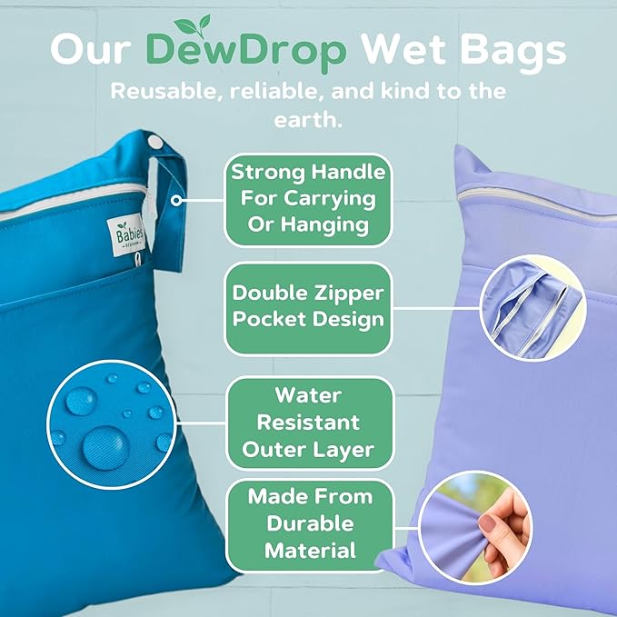 2-Pack Wet Bags – Waterproof Travel Bags for Cloth Diapers, Baby Essentials & Swimwear – Reusable Wet Dry Bag with Double Zipper & Handle for Diaper Bag & Beach Trips (Ocean Breeze)