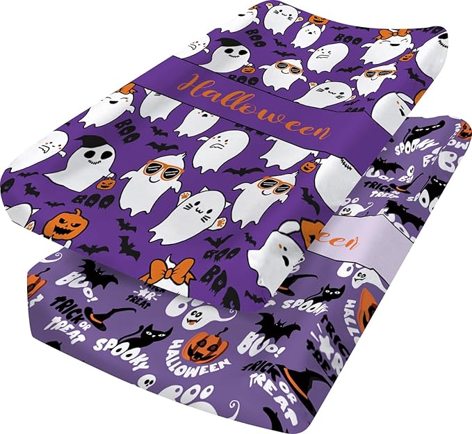 KAINSY Personalized Halloween Changing Pad Cover, Custom Diaper Change Table Sheets with Name, Purple Ghost Print Soft Jersey Knit Change Table Sheets, 2 Pack Changing Pad Covers (16" x 32")