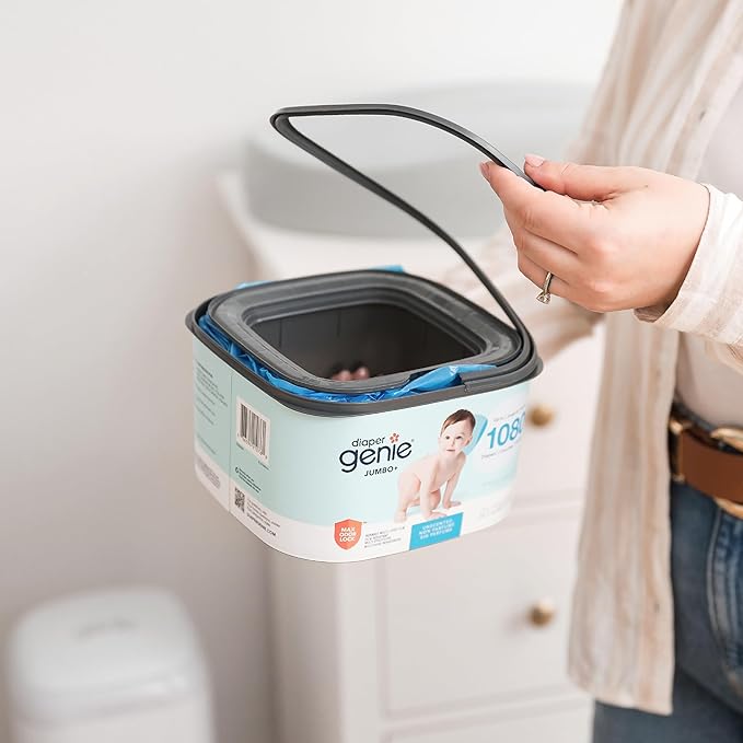 The Diaper Genie Jumbo+ Square Refill, with continuous film, can hold up to 1080 newborn-sized diapers per refill. (Pack of 2)