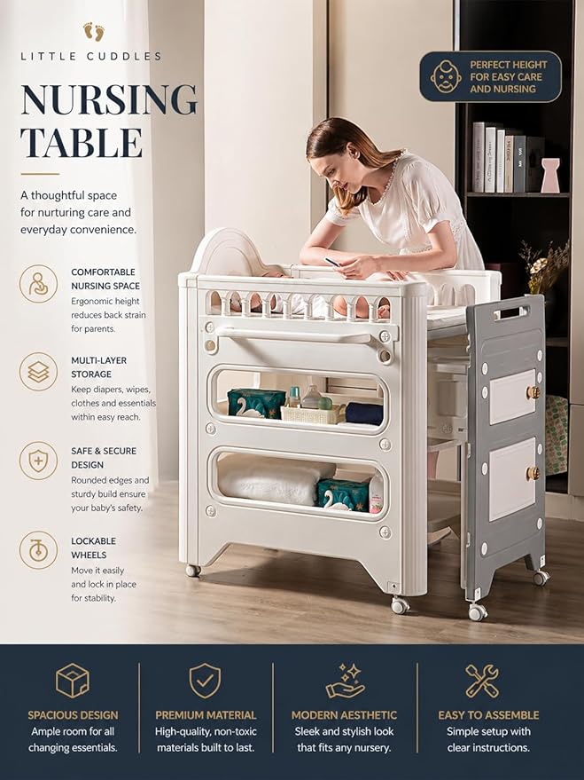 Heavy-Duty Baby Changing Table with Storage & Adjustable Height – Waterproof HDPE Diaper Changing Station for Nursery & Daycare, Removable Care Basin