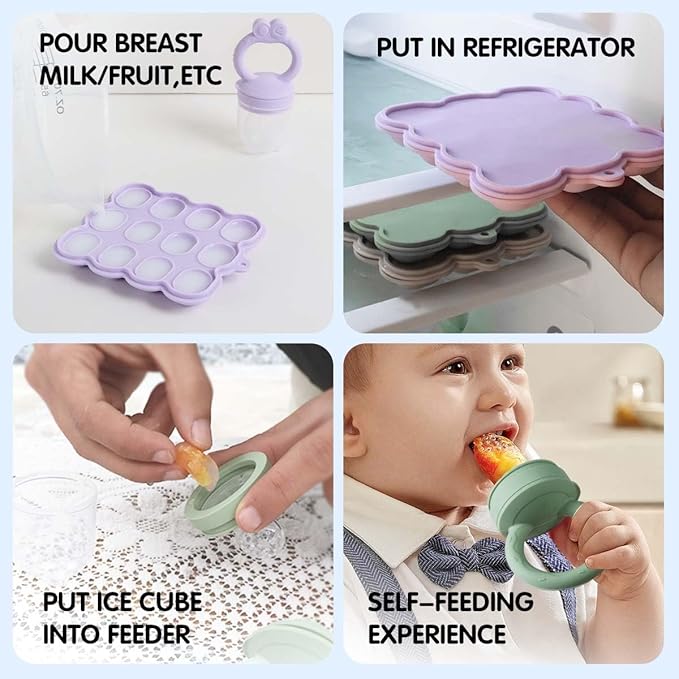 Baby Fruit Feeder Breastmilk Popsicle Molds Set, Silicone Food Storage Freezer Tray and Breast Milk Feeder Pacifier for Teething