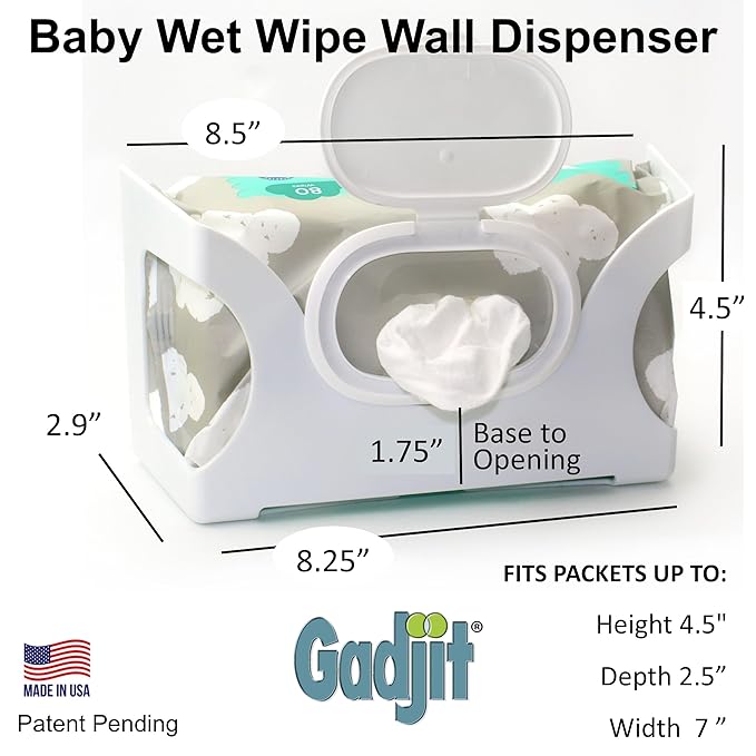 Gadjit Baby Wet Wipes Wall Dispenser | Mounts on Wall, Holds Up to 84 Count Pack | Keeps Wipes Within Easy Reach of Messes (Gray)