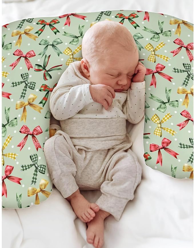 Christmas Bows Baby Nursing Pillow Covers for Boy Girl Winter Bows Plaids Nursing Pillow Slipcovers for Breastfeeding Pillows Girly Christmas Ribbons Soft Stretchy Removable Covers for Newborn Infant