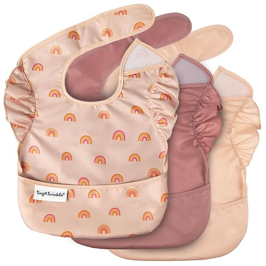 Tiny Twinkle Mess-Proof Baby Bibs for Eating | Waterproof, Wipeable Toddler Bibs with Catch-All Pocket | Feeding Bibs for Girls & Boys(3 Pack,Boho Set)