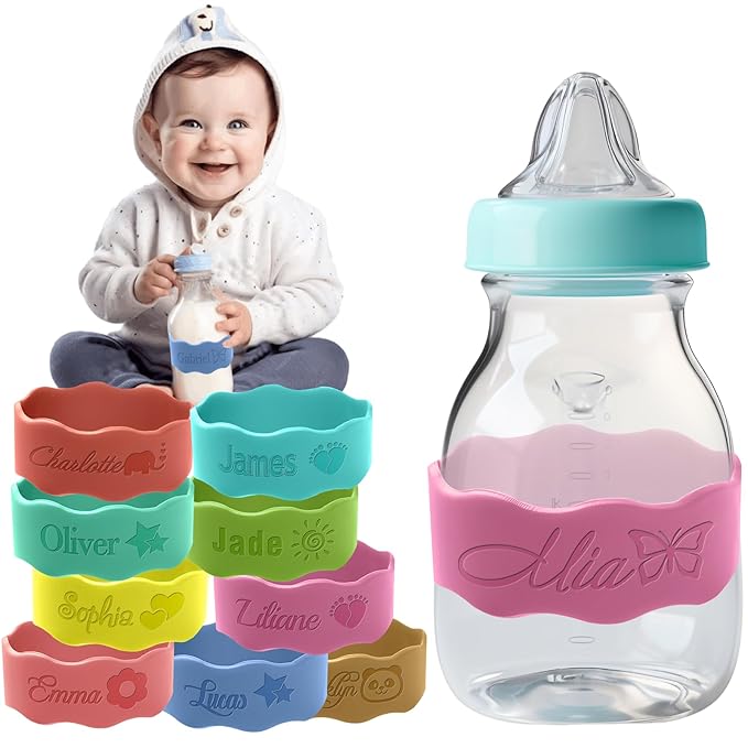 Personalized Water Bottle Name Bands Custom Engraved Silicone Labels Customized Silicone Baby Bottle Labels for Daycare Reusable Baby Bottle Straps for Kids Cups School Waterproof-Pink