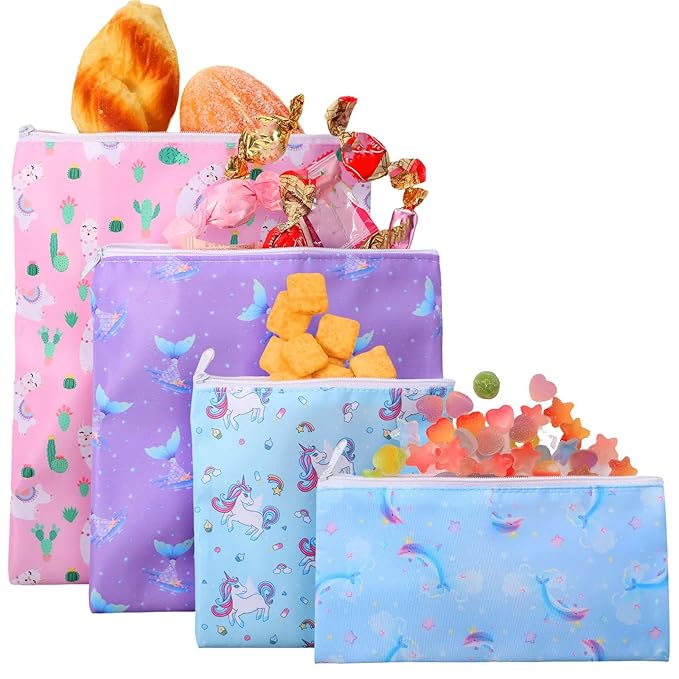 Paterr 4 Pcs Sandwich Bag Reusable Zipper Snack Bags Washable Food Safe Lunch Bags for Kids Students Adults Food (Unicorn)