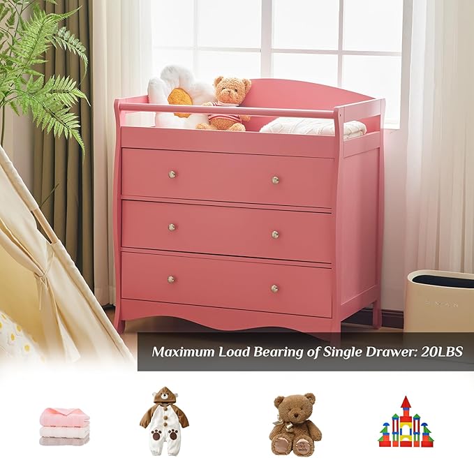 Karl home Changing Table，Dresser Baby Diaper Changing Station Infant Nursing Table with 3 Drawers, Safety Rail & Strap for Bedroom, Nursery, Pink