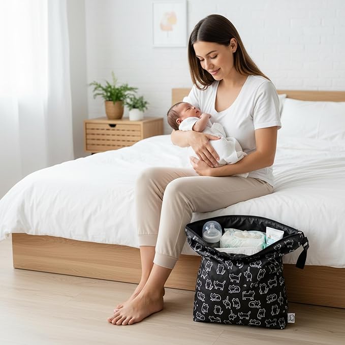 FLOCK THREE Waterproof Wet Bag Reusable for Wet Clothes Baby Diapers Stroller Swimsuit Travel Washable toiletries Pouch Large Electronics case 12.6'' x 16.5'' (Black Cats)