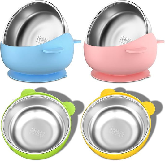 Bakpoco Stainless Steel Baby Bowls with Suction, 2-in-1 SUS304 Toddlers Bowl & Removable Silicone Suction Kids Bowl, Anti Scald Non Toxic Snack Container for Baby Food Feeding, 4 Colors Set
