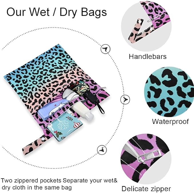 visesunny Colored Leopard Grain 2Pcs Wet Bag with Zippered Pockets Washable Reusable Roomy Diaper Bag for Travel,Beach,Daycare,Stroller,Diapers,Dirty Gym Clothes,Wet Swimsuits,Toiletries