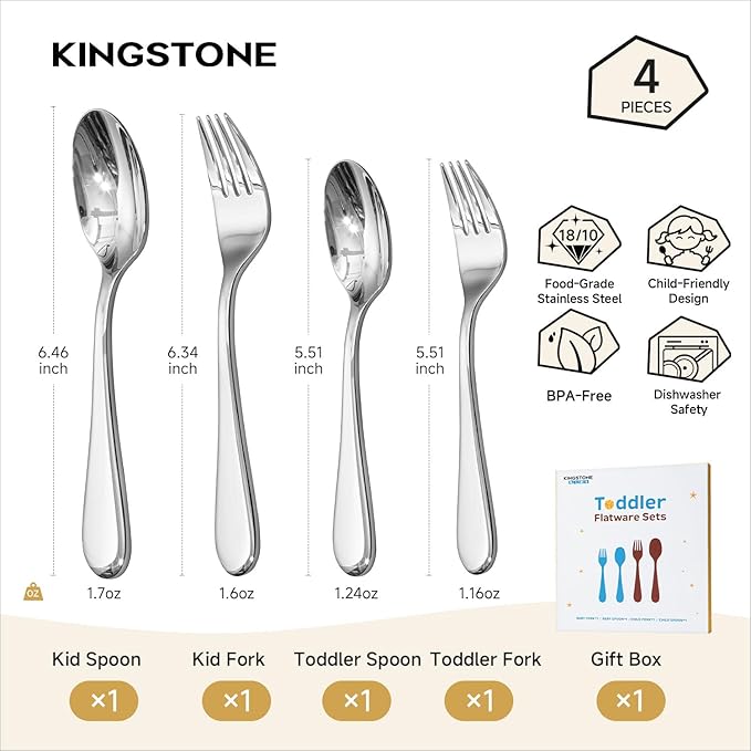 KINGSTONE Toddler Utensils Set, 4 Piece Forks and Spoons Gift Set, Small and Large Kids Silverware Sets, 18/10 Stainless Steel Food Grade Flatware Sets, Dishwasher Safe, Mirror Polished