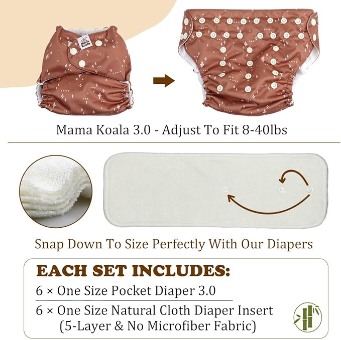 Mama Koala 3.0 Pocket Cloth Diapers for Babies with AWJ Lining, 6 Pack with 6 5-Layer Natural Cloth Diaper Inserts - Reusable and Washable Pocket Diapers(A-Cabin Vibes)